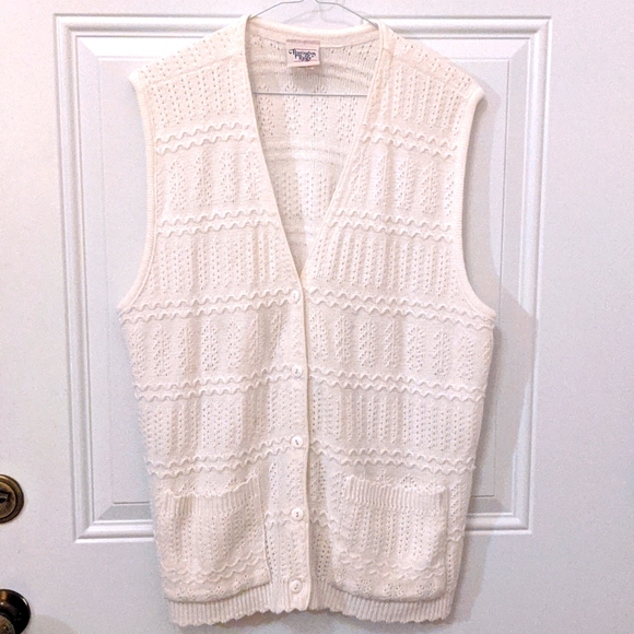 Vintage Huntington Ridge Knit Vest Button Up VNeck in White, Large - Picture 1 of 10
